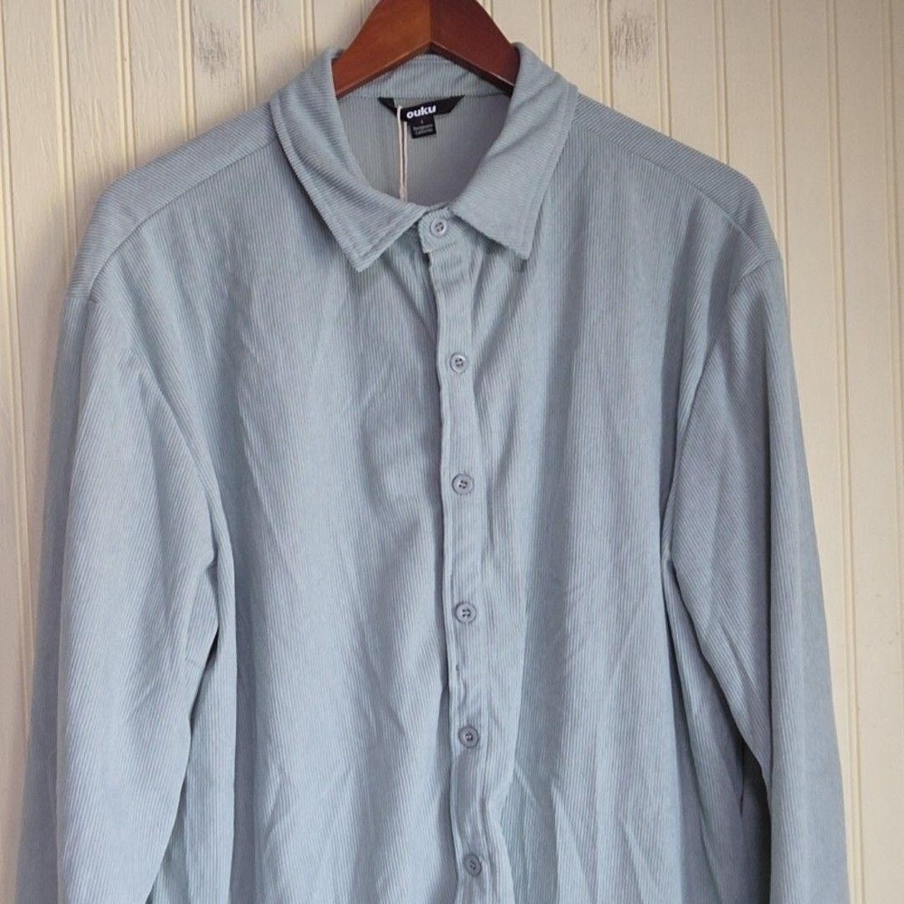 Ouku Shirt Mens Large Blue Corduroy Long Sleeve Button-Up Relaxed Fit Casual